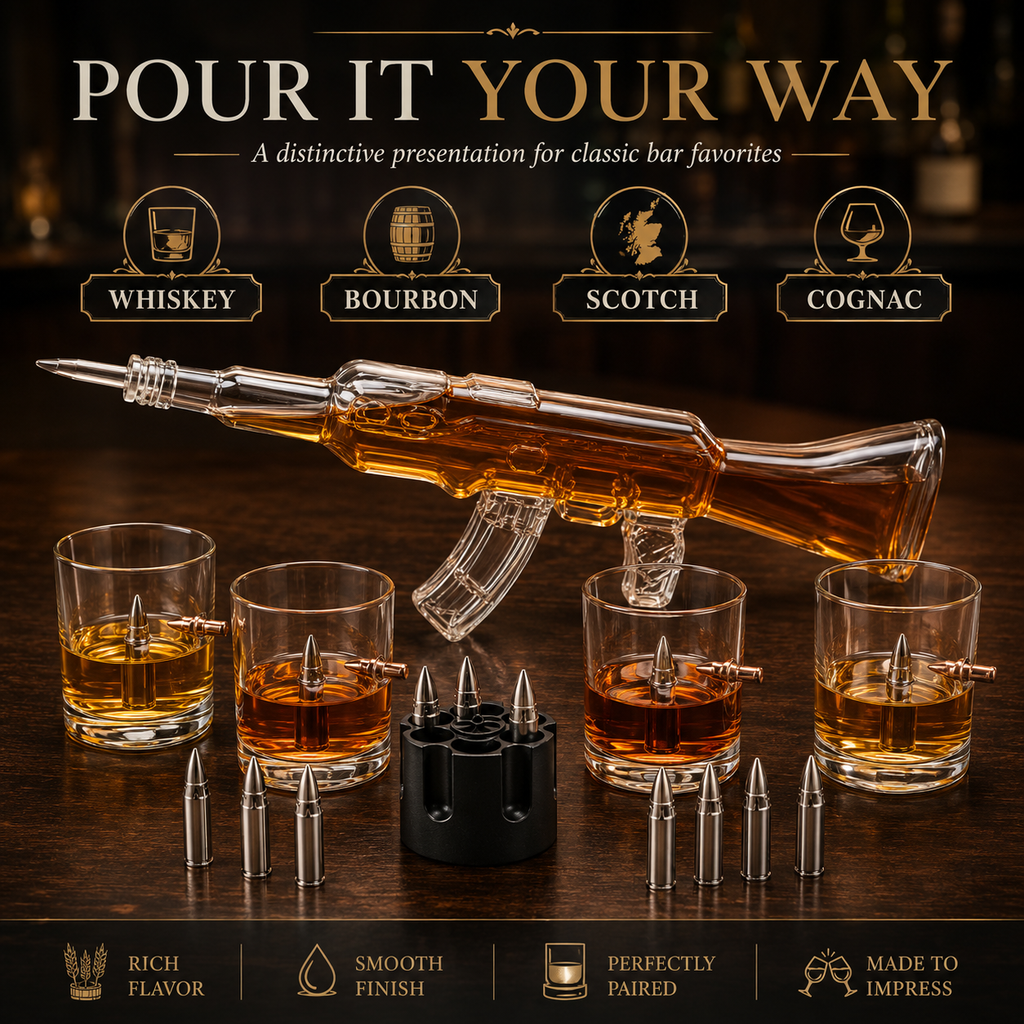 Whiskey Decanter Flag Set 1000ML Ak47 Rifle Gun Glasses Chillers Set In Box Hanging Storage American