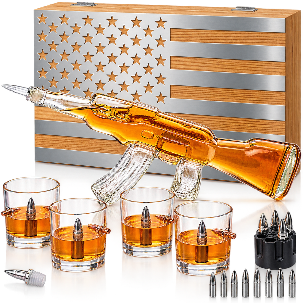 Whiskey Decanter Flag Set 1000ML Ak47 Rifle Gun Glasses Chillers Set In Box Hanging Storage American
