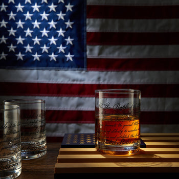 Whiskey Glasses – United States Constitution - Wood American Flag Tray & Set of 4 We The People 10oz America Glassware, Old Fashioned Rocks Glass, Freedom Of Speech Law Gift Set US Patriotic by The Wine Savant