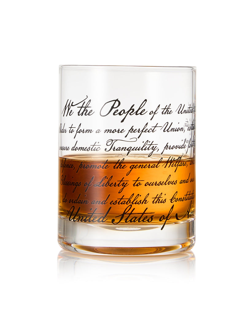 Whiskey Glasses – United States Constitution - Wood American Flag Tray & Set of 4 We The People 10oz America Glassware, Old Fashioned Rocks Glass, Freedom Of Speech Law Gift Set US Patriotic by The Wine Savant