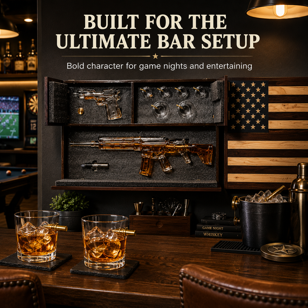 Pistol Ar15 Whiskey Decanter Set Of 2 On Hidden Storage American Flag Wall Rack By W