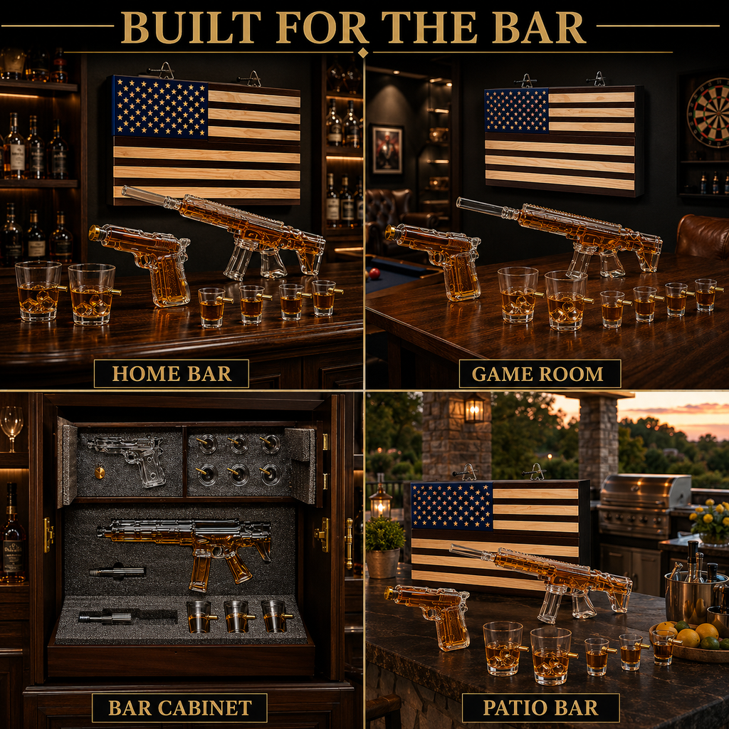 Pistol Ar15 Whiskey Decanter Set Of 2 On Hidden Storage American Flag Wall Rack By W