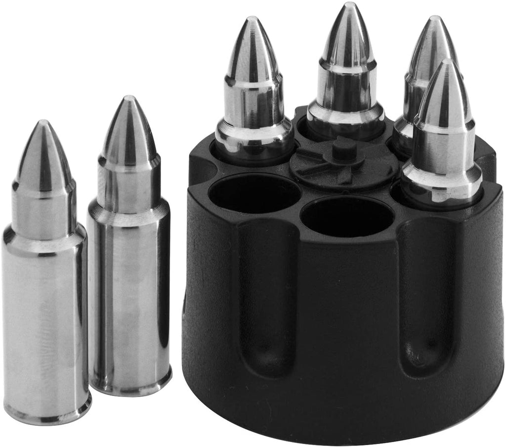 Whiskey Stones Bullets Stainless Steel - 1.75in Bullet Chillers Set of 6 Inside Realistic Revolver - Freezer Base, Made w/ Premium Stainless Steel, Large Reusable Chilling Ice Cube, Good for Whiskey