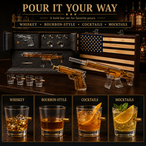 Pistol Ar15 Whiskey Decanter Set Of 2 On Hidden Storage American Flag Wall Rack By W