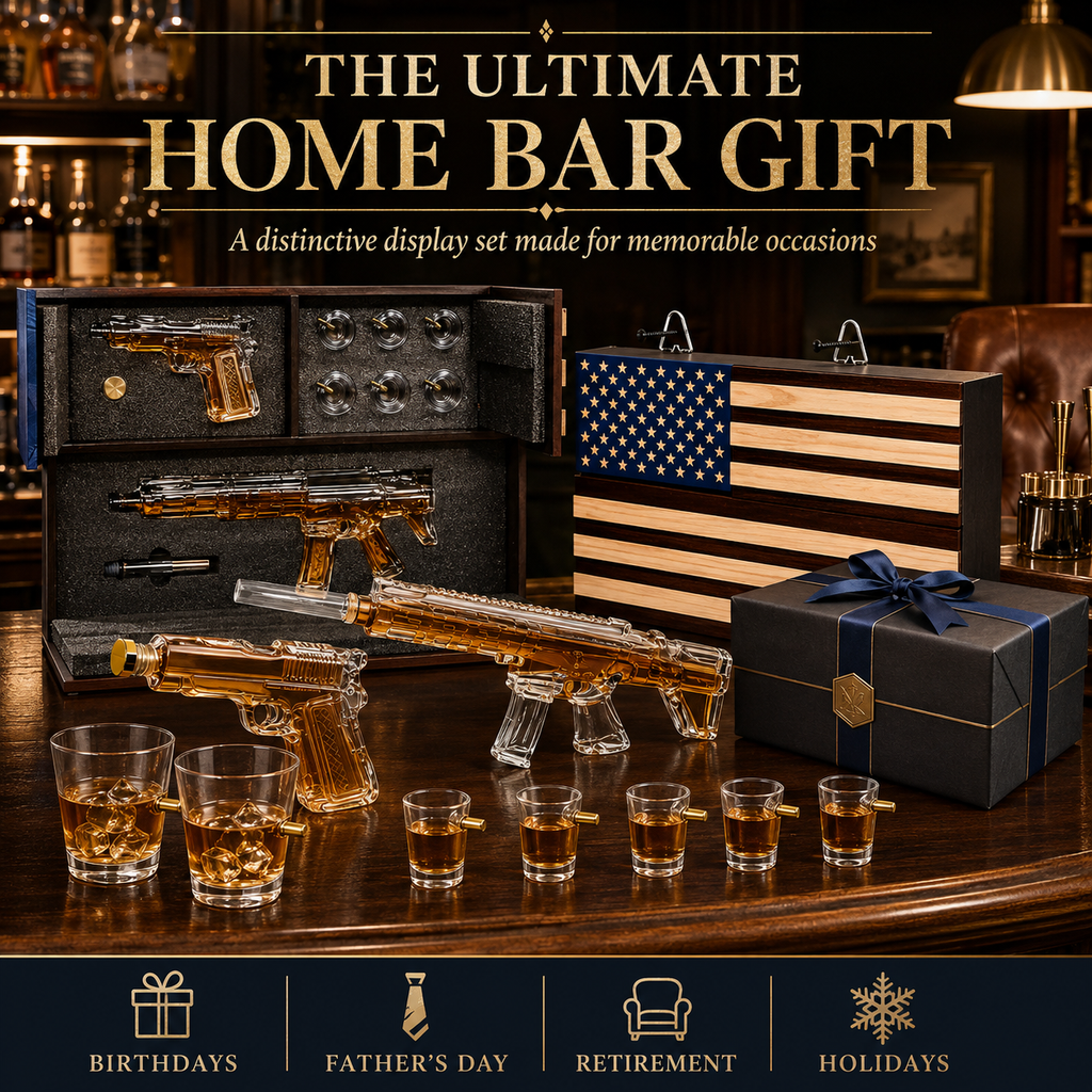 Pistol Ar15 Whiskey Decanter Set Of 2 On Hidden Storage American Flag Wall Rack By W
