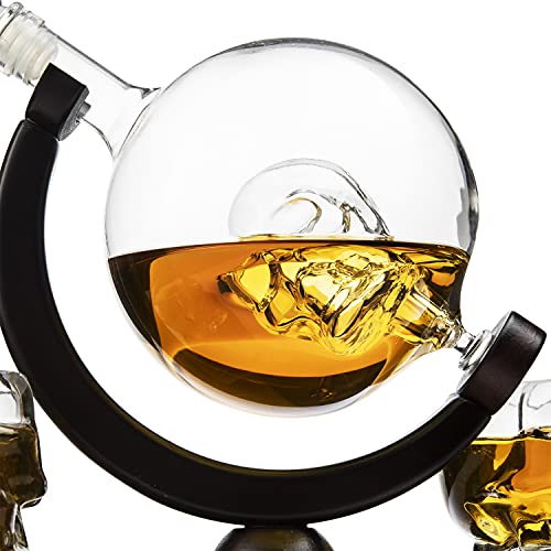 Skull Skeleton Wine Whiskey Globe Decanter Set 850 Ml With 2 Skull Head 3OZ Skeletons Shot Glasses M