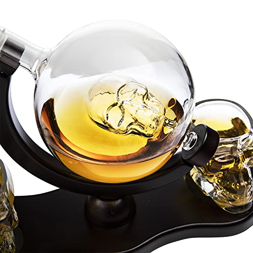 Skull Skeleton Wine Whiskey Globe Decanter Set 850 Ml With 2 Skull Head 3OZ Skeletons Shot Glasses M