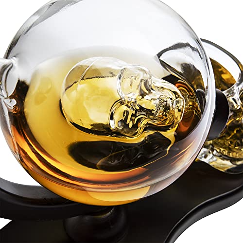 Skull Skeleton Wine Whiskey Globe Decanter Set 850 Ml With 2 Skull Head 3OZ Skeletons Shot Glasses M