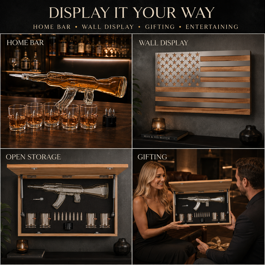 Whiskey Decanter Flag Set 1000ML Ak47 Rifle Gun Glasses Chillers Set In Box Hanging Storage American
