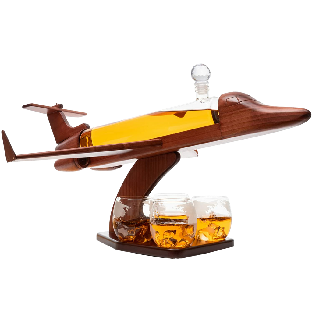 Jet Decanter Airplane Whiskey 1000ML Set With 2 World Map Glasses 12 Oz By Pilot Gif