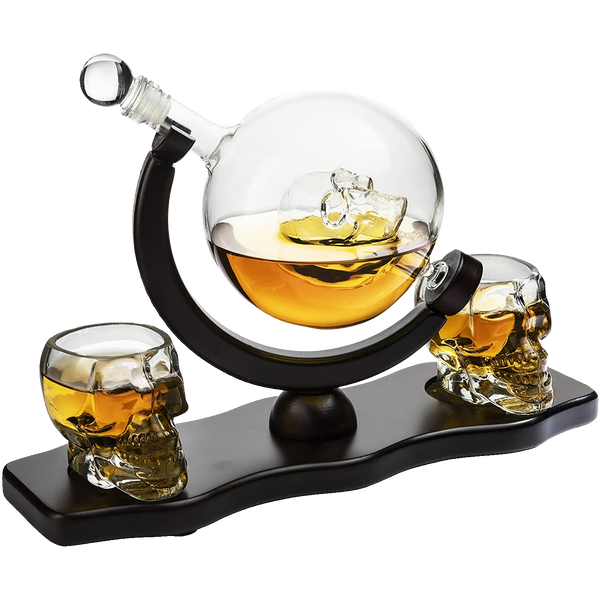 Skull Skeleton Wine Whiskey Globe Decanter Set 850 Ml With 2 Skull Head 3OZ Skeletons Shot Glasses M