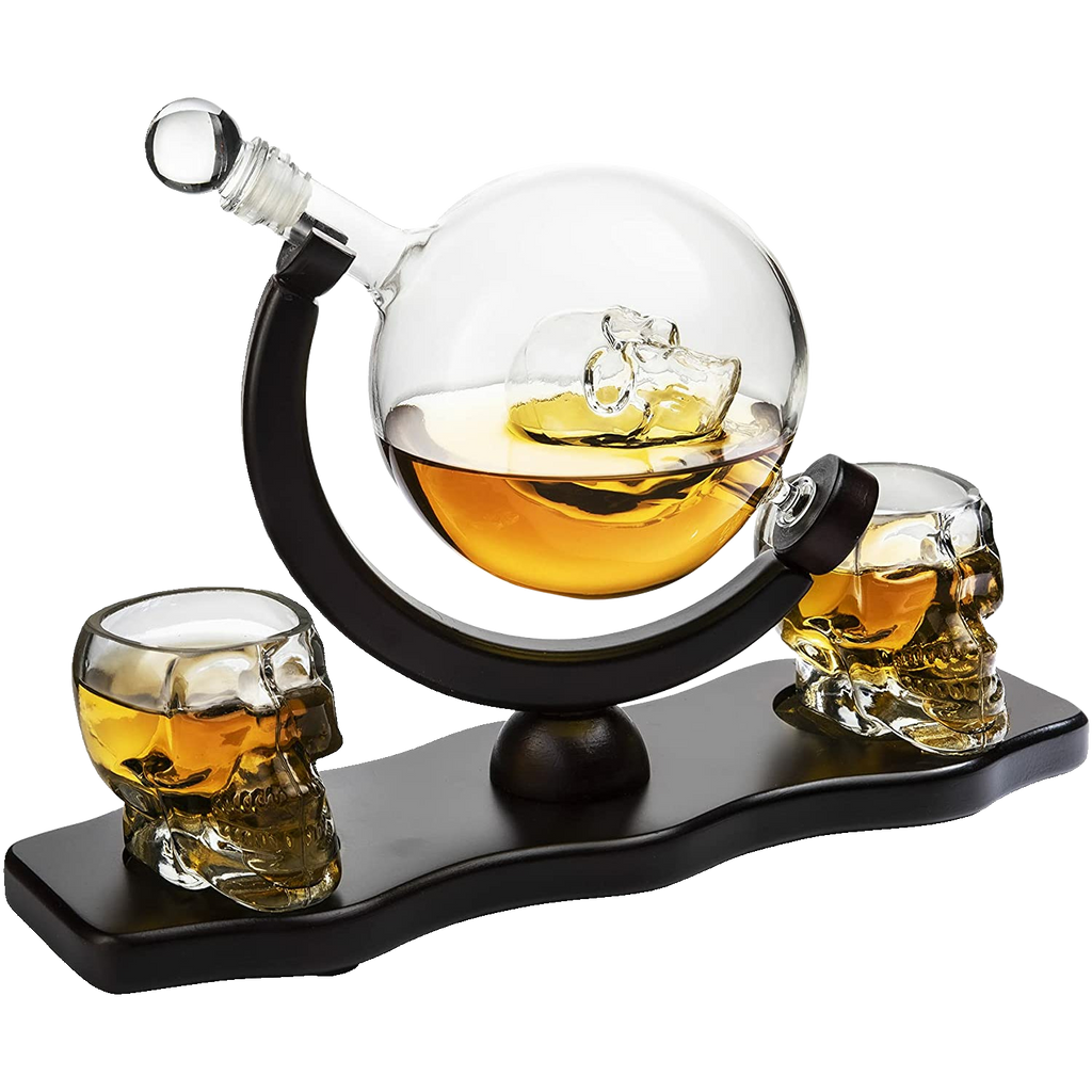 Skull Decanter Set With 2 Skull Shot Glasses By And Beautiful Wooden Base By Use Sku