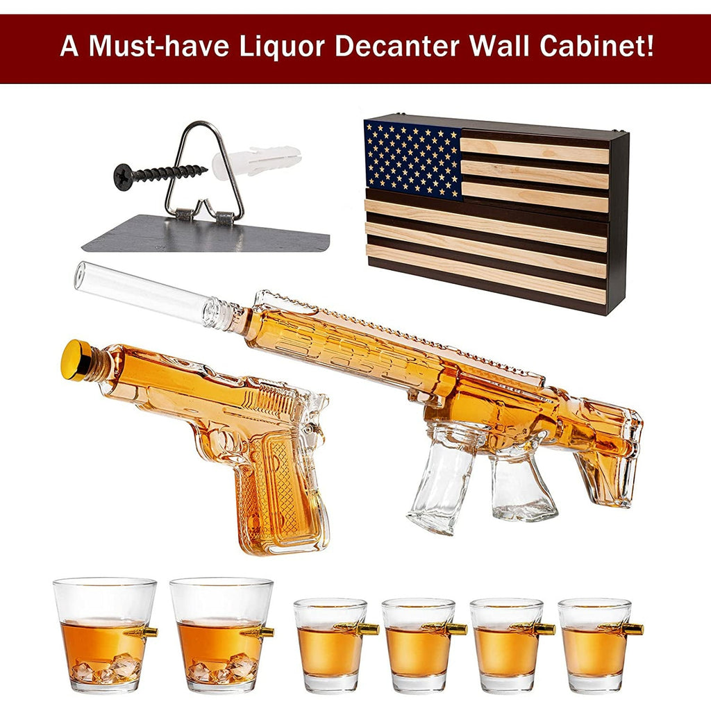 Pistol Ar15 Whiskey Decanter Set Of 2 On Hidden Storage American Flag Wall Rack By W