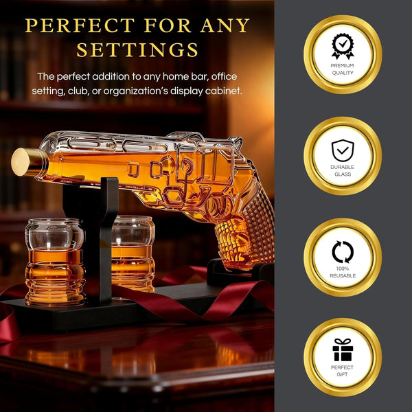 Whiskey Decanter Set 7 7 Oz With Two 1 6 Oz Shot Glasses Pistol Gun Unique Birthday Gift Ideas For S