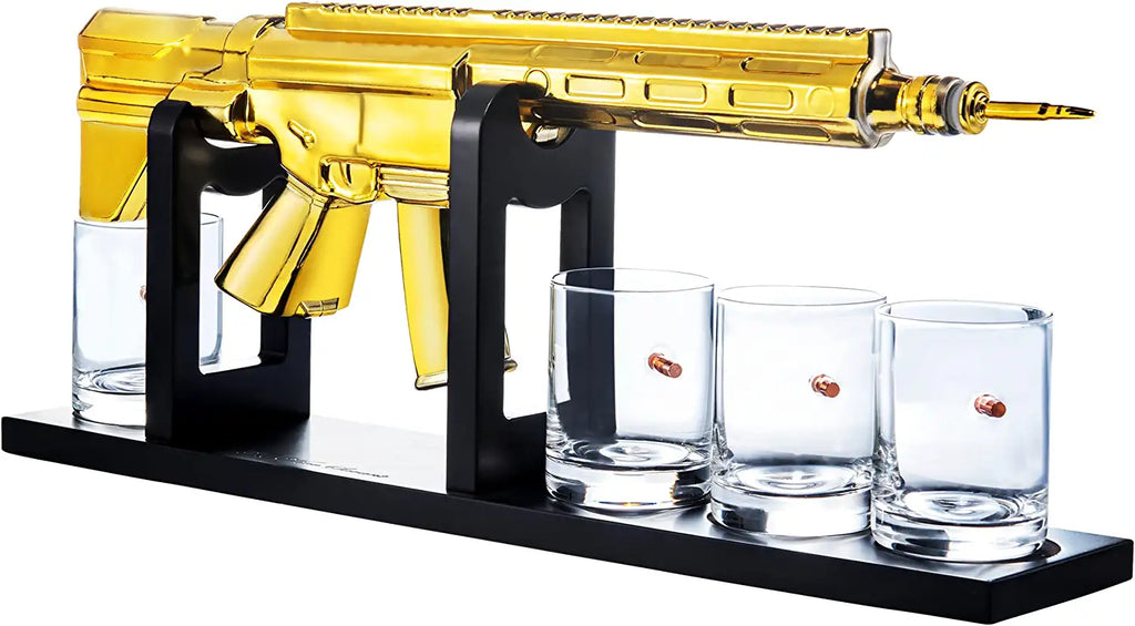 Ar15 Gold Whiskey Decanter Set With 4 Bullet Whiskey Glasses Gift For Fathers Uncles