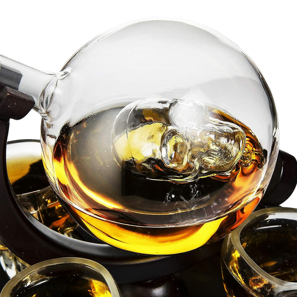 Skull Skeleton Wine Whiskey Globe Decanter Set 850 Ml With 2 Skull Head 3OZ Skeletons Shot Glasses M