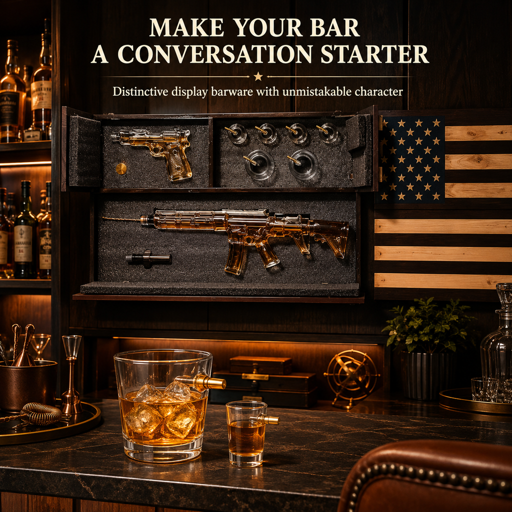 Pistol Ar15 Whiskey Decanter Set Of 2 On Hidden Storage American Flag Wall Rack By W