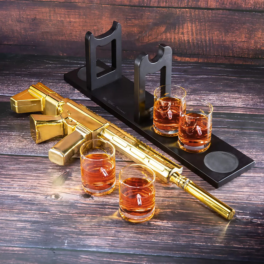 Ar15 Gold Whiskey Decanter Set With 4 Bullet Whiskey Glasses Gift For Fathers Uncles
