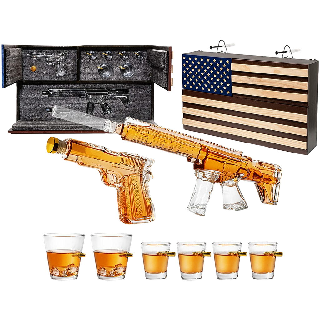 Pistol Ar15 Whiskey Decanter Set Of 2 On Hidden Storage American Flag Wall Rack By W