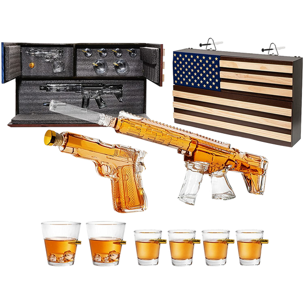 Pistol Ar15 Whiskey Decanter Set Of 2 On Hidden Storage American Flag Wall Rack By W