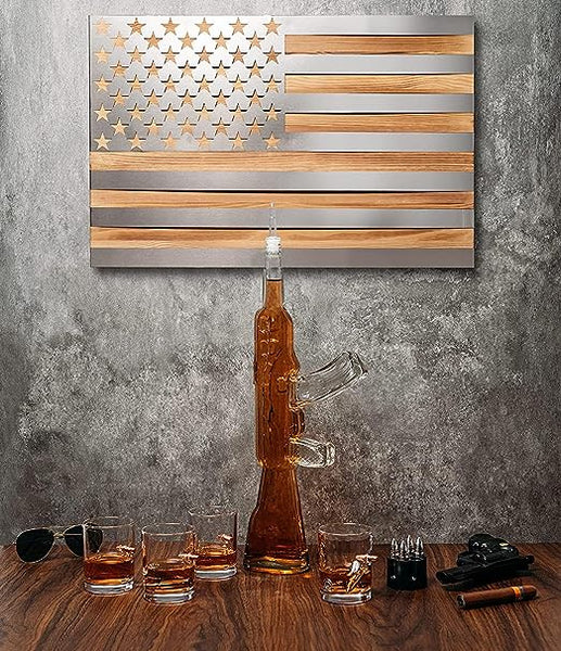 Whiskey Decanter Flag Set 1000ML Ak47 Rifle Gun Glasses Chillers Set In Box Hanging Storage American