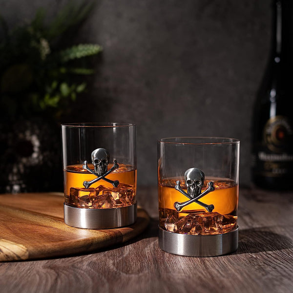 Skull Whiskey Glasses 11OZ Whiskey Rum Brandy Scotch Glasses Elegant Skull And Bones Badge Skeleton