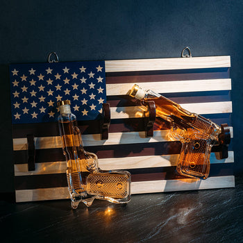 Pistol Whiskey Decanter Set Of 2 300ML On American Flag Wall Rack By Tik Tok Gun Dec