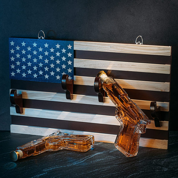 Pistol Whiskey Decanter Set Of 2 300ML On American Flag Wall Rack By Tik Tok Gun Dec