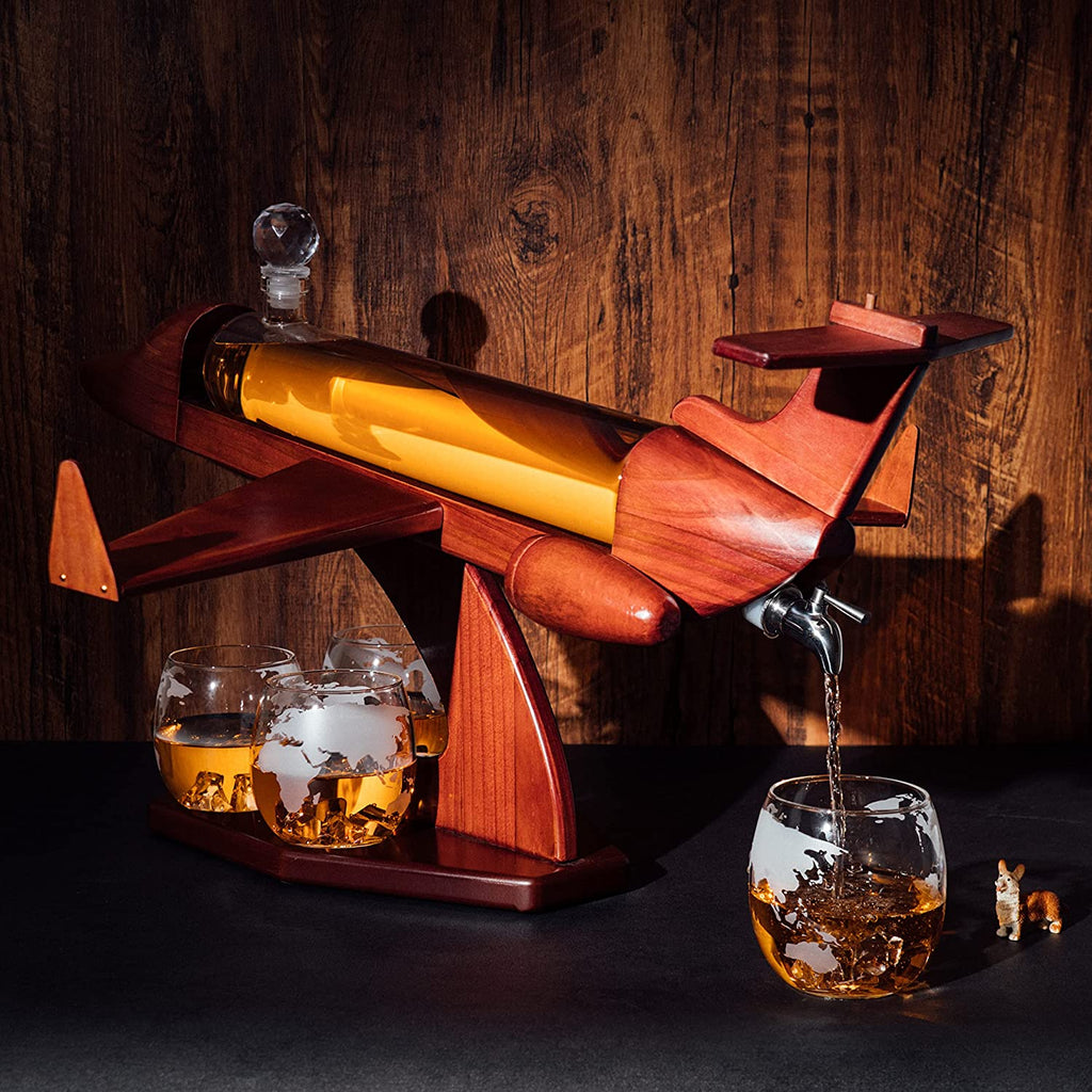 Jet Decanter Airplane Whiskey 1000ML Set With 2 World Map Glasses 12 Oz By Pilot Gif