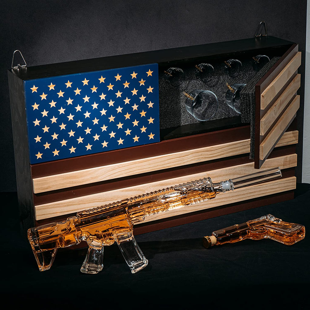 Pistol Ar15 Whiskey Decanter Set Of 2 On Hidden Storage American Flag Wall Rack By W