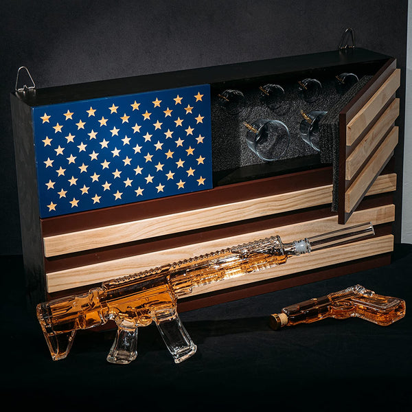 Pistol Ar15 Whiskey Decanter Set Of 2 On Hidden Storage American Flag Wall Rack By W