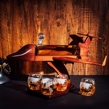 Jet Decanter Airplane Whiskey 1000ML Set With 2 World Map Glasses 12 Oz By Pilot Gif