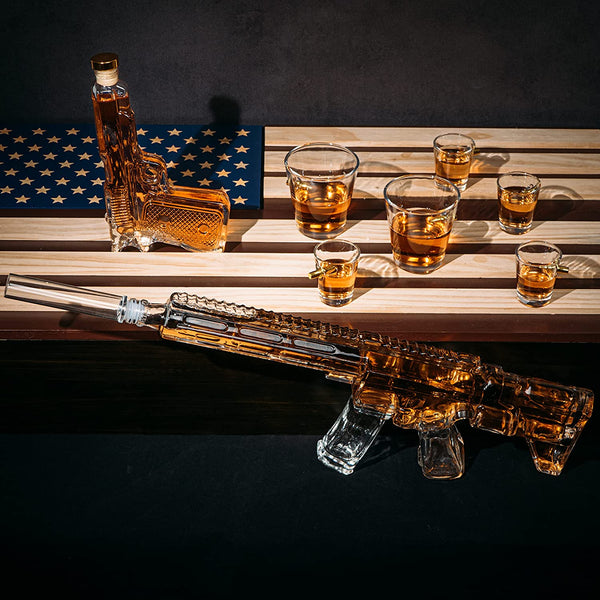 Pistol Ar15 Whiskey Decanter Set Of 2 On Hidden Storage American Flag Wall Rack By W