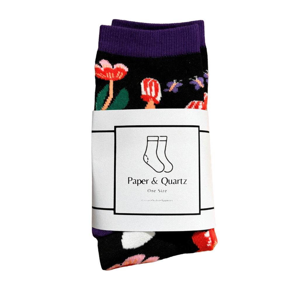 Amanita Trippy Mushroom Black Cotton Crew Socks | Dark Botanical Aesthetic | Poisonous Mushroom