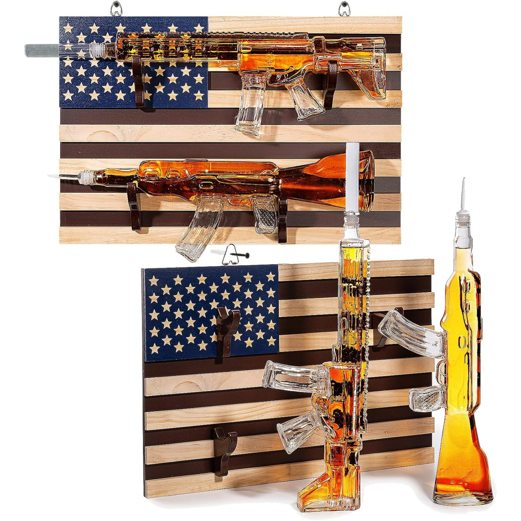 2 Gun Whiskey Decanters Set Ar15 And Ak47 Gun Decanter 1000ML American Flag Wall Rack By The Wine Sa
