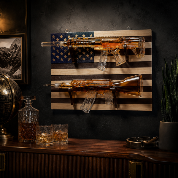 2 Gun Whiskey Decanters Set Ar15 And Ak47 Gun Decanter 1000ML American Flag Wall Rack By The Wine Sa