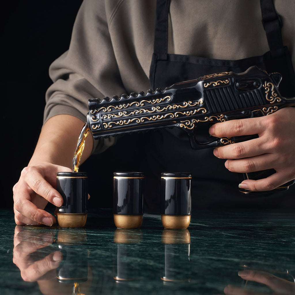 Hand Painted Pistol Whiskey Wine Decanter By Black Gold Whiskey Decanter 3 Bullet Sh