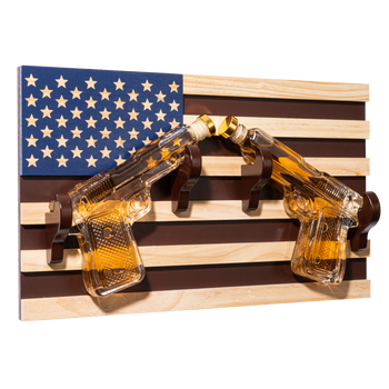 Pistol Whiskey Decanter Set Of 2 300ML On American Flag Wall Rack By Tik Tok Gun Dec