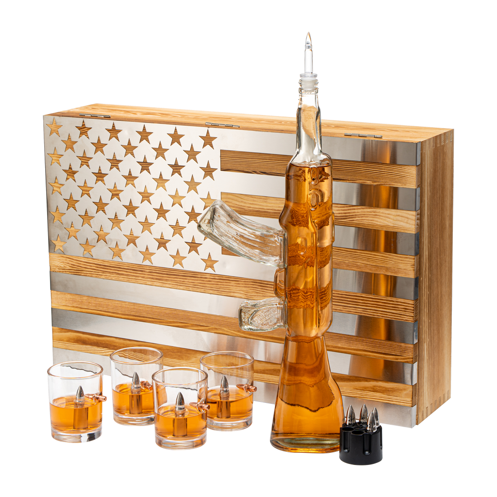 Whiskey Decanter Flag Set 1000ML Ak47 Rifle Gun Glasses Chillers Set In Box Hanging Storage American