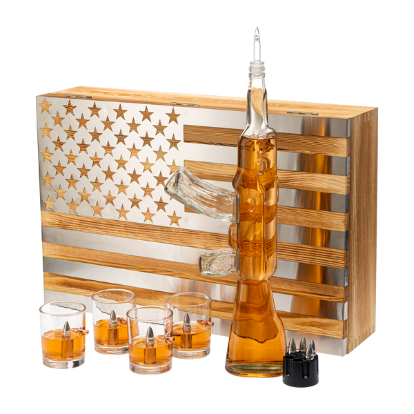 Whiskey Decanter Flag Set 1000ML Ak47 Rifle Gun Glasses Chillers Set In Box Hanging Storage American