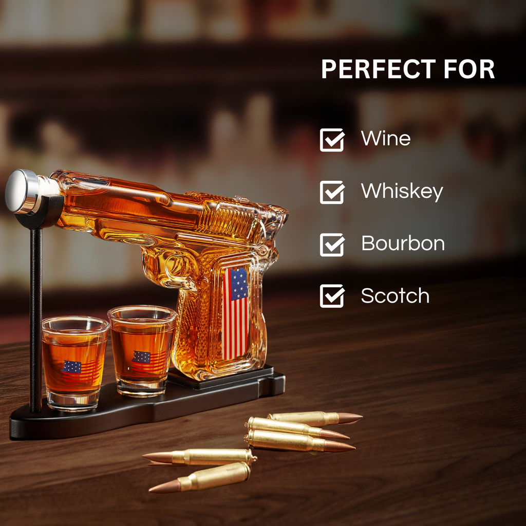 Gifts For Men Dad Father Whiskey Decanter Set 8 Oz With Two 2 Oz Glasses American Flag Pistol Gun An