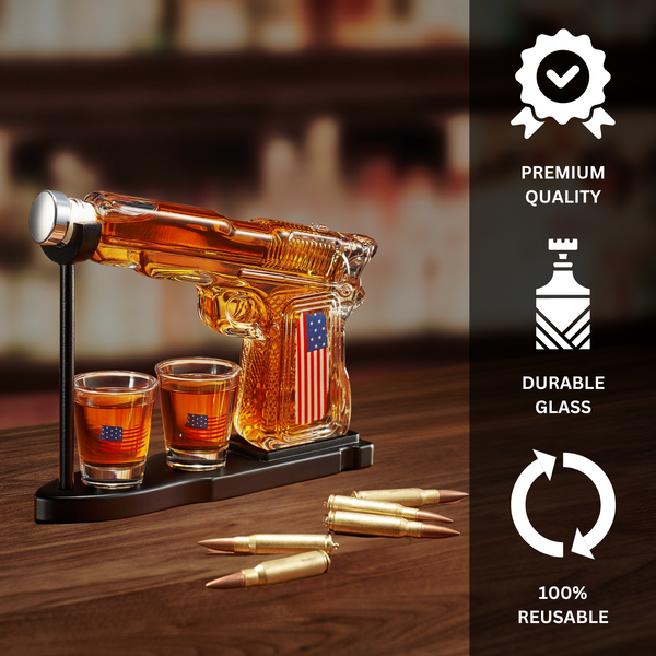 Gifts For Men Dad Father Whiskey Decanter Set 8 Oz With Two 2 Oz Glasses American Flag Pistol Gun An