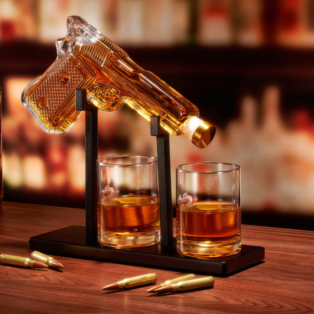 Pistol Whiskey Decanter Set 7 7 Oz With Two 10 5 Oz Glasses Premium Barware Gift