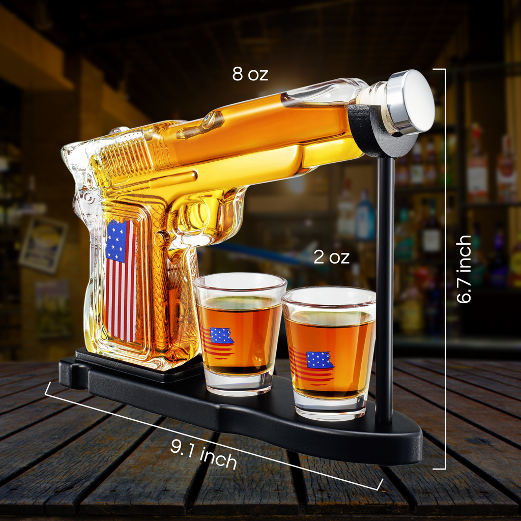 Gifts For Men Dad Father Whiskey Decanter Set 8 Oz With Two 2 Oz Glasses American Flag Pistol Gun An