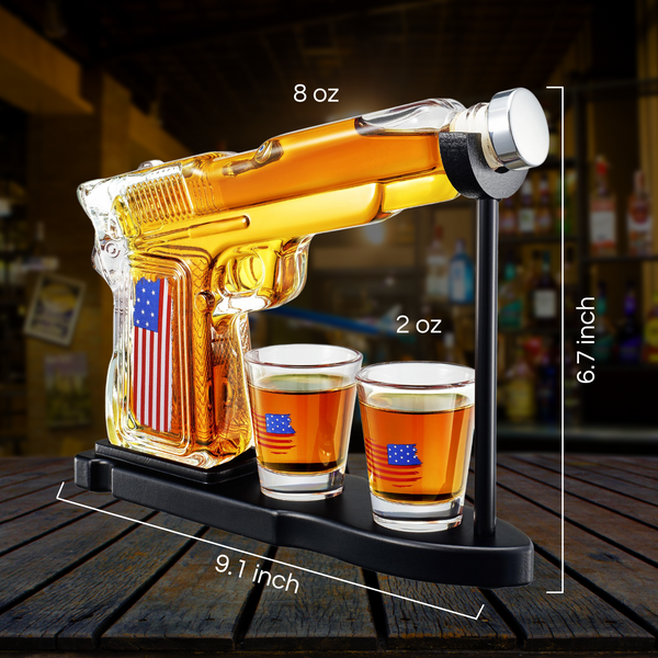 Gifts For Men Dad Father Whiskey Decanter Set 8 Oz With Two 2 Oz Glasses American Flag Pistol Gun An