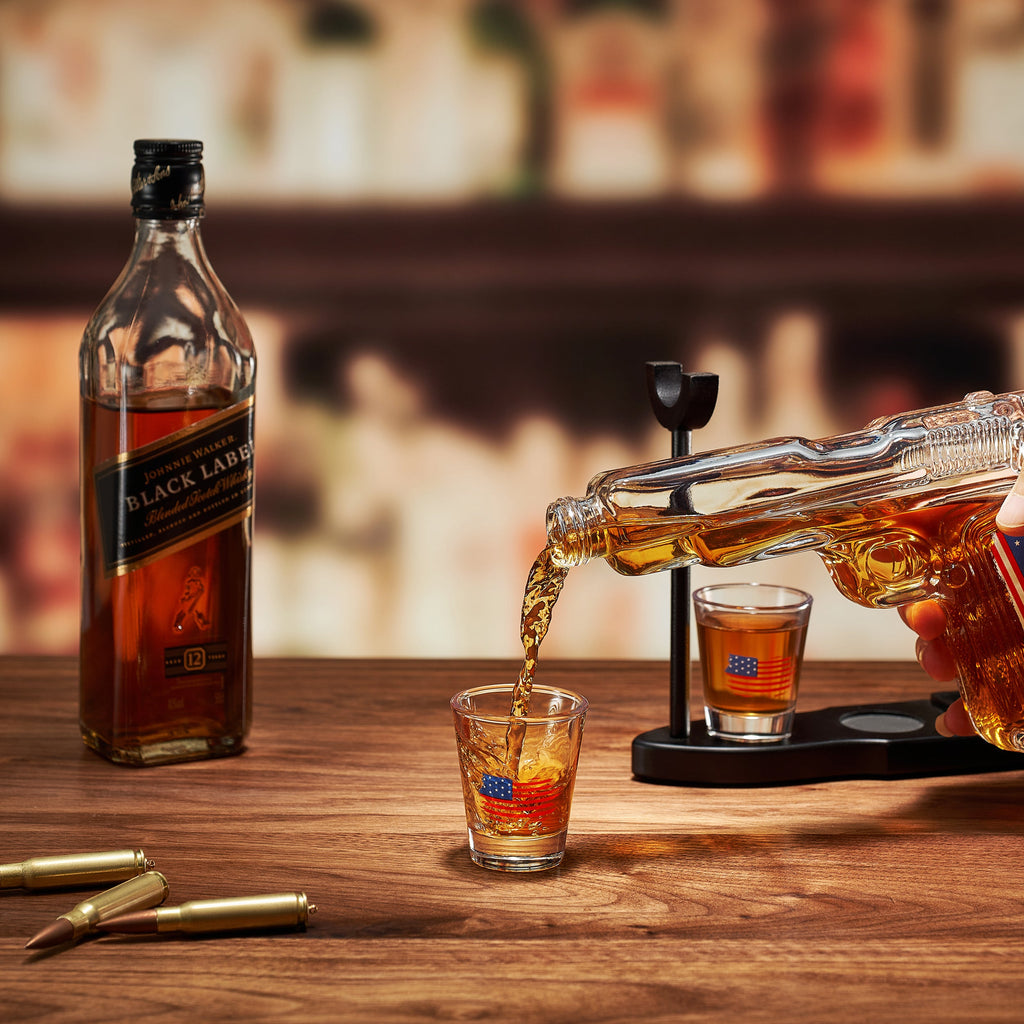 Gifts For Men Dad Father Whiskey Decanter Set 8 Oz With Two 2 Oz Glasses American Flag Pistol Gun An