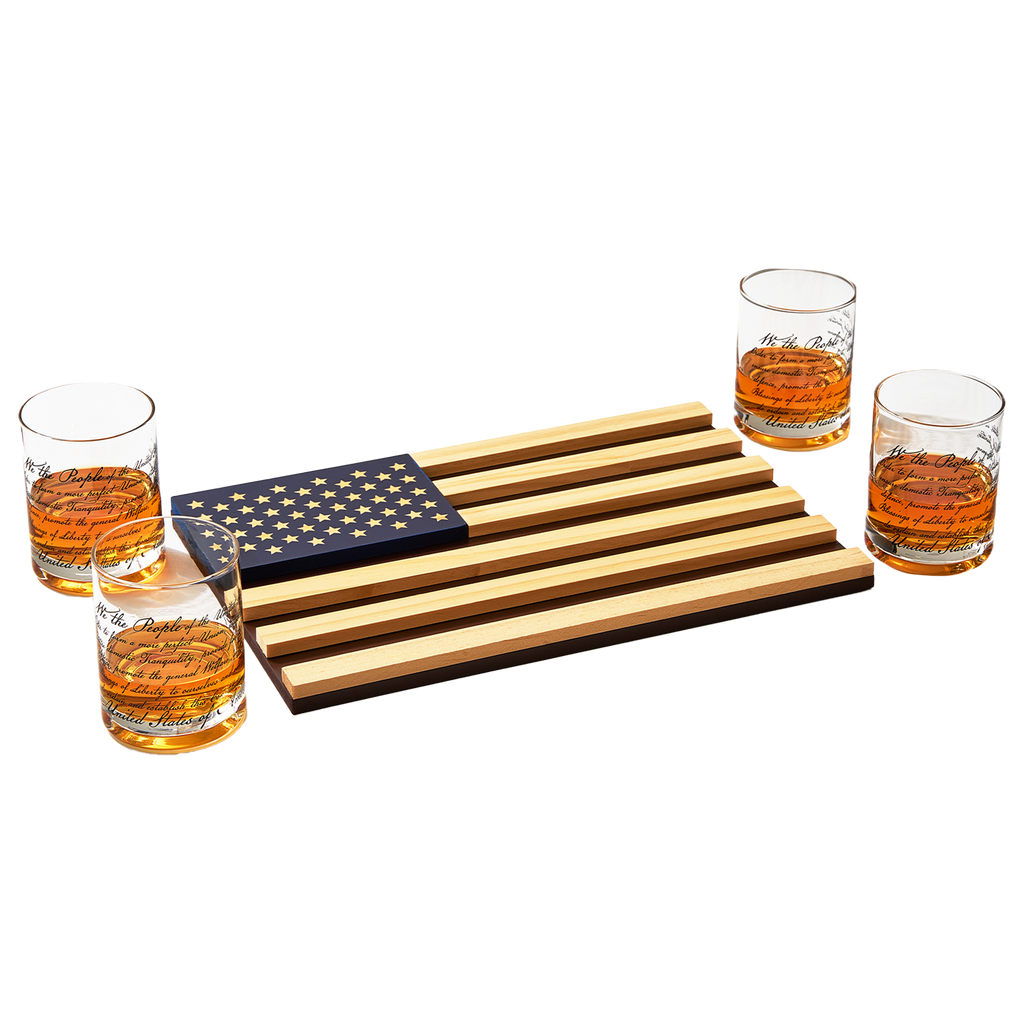 Whiskey Glasses – United States Constitution - Wood American Flag Tray & Set of 4 We The People 10oz America Glassware, Old Fashioned Rocks Glass, Freedom Of Speech Law Gift Set US Patriotic by The Wine Savant