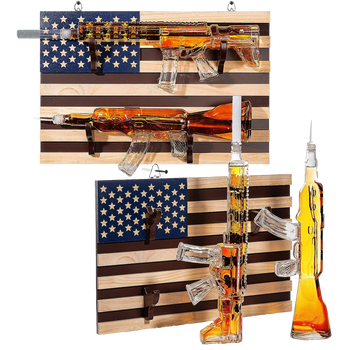 2 Gun Whiskey Decanters Set AR15 and AK47 Gun Decanter 1000ml American Flag Wall Rack by The Wine Savant - Veteran Gifts, Gun Lover Gifts, Tik Tok Gun Decanter, Military Gifts