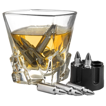 Whiskey Stones Bullets Stainless Steel - 1.75in Bullet Chillers Set of 6 Inside Realistic Revolver - Freezer Base, Made w/ Premium Stainless Steel, Large Reusable Chilling Ice Cube, Good for Whiskey