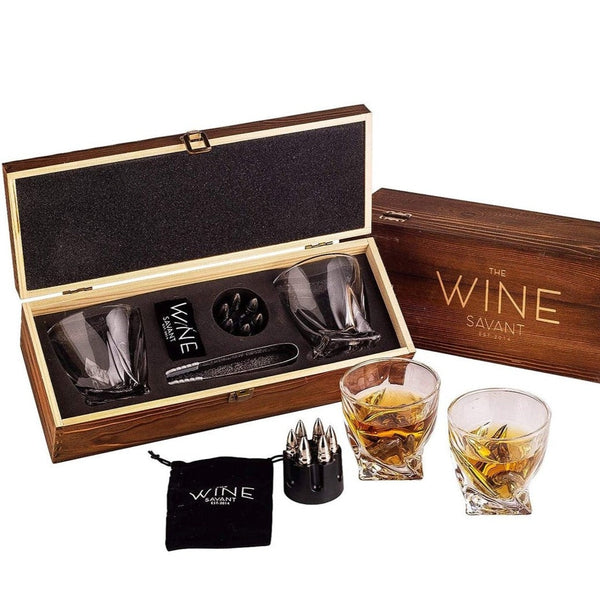 Whiskey Stones Bullets Gift Set for Men, The Wine Savant, 6 Stainless Steel Whiskey Stones Bullets, 2 Twisted Glasses, Freezer Pouch & Special Tongs by The Wine Savant - Proud Libertarian - The Wine Savant